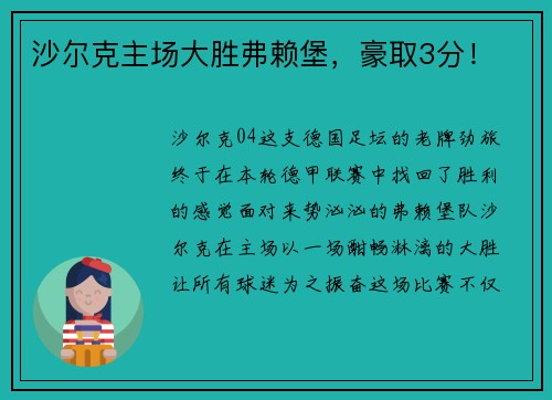 沙尔克主场大胜弗赖堡，豪取3分！